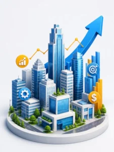 3D business cityscape with growth arrow, analytics icons, revenue growth indicators and sustainable business expansion concept.