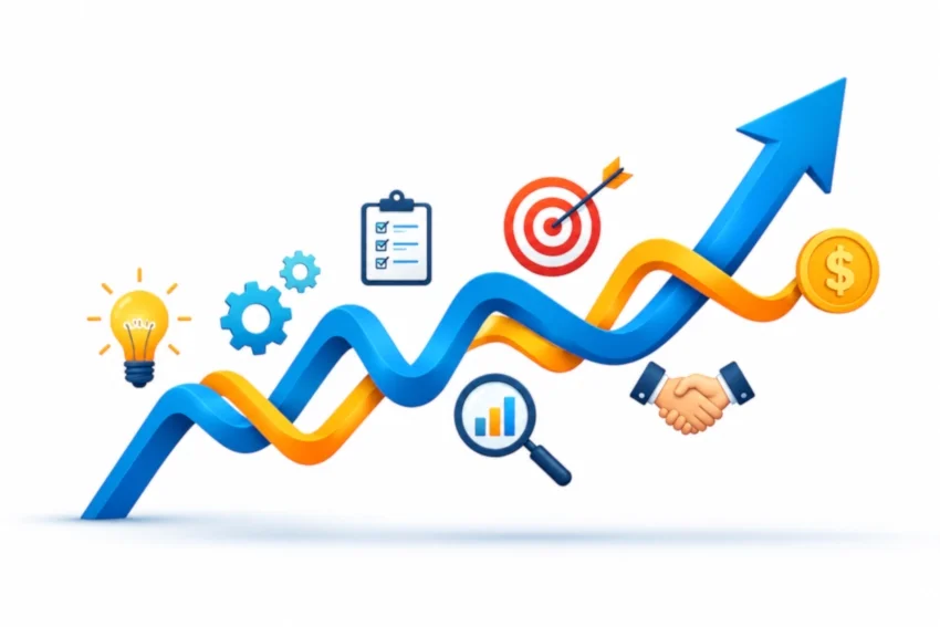 10 Business Growth Strategies for Sustainable Success Business growth strategies illustration showing growth arrow, analytics, innovation, revenue growth, market expansion and business success icons.