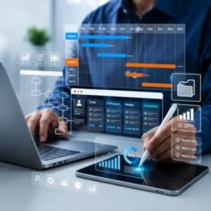 Business digital transformation roadmap illustrating workflow automation, project management, analytics, and digital innovation.