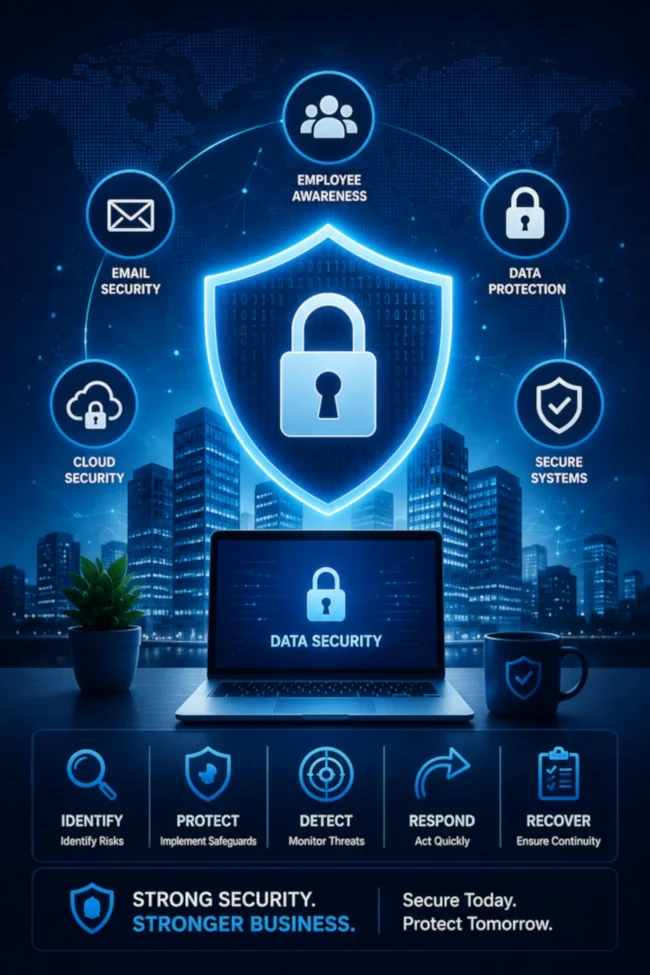 Cybersecurity for businesses helps protect company data, systems, networks, and digital assets from cyber threats.