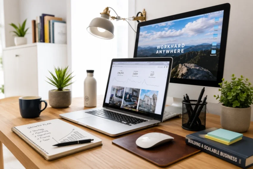 Why Small Businesses Struggle to Scale Effectively Modern business workspace showing planning, analytics, productivity tools and common challenges involved in scaling a small business.