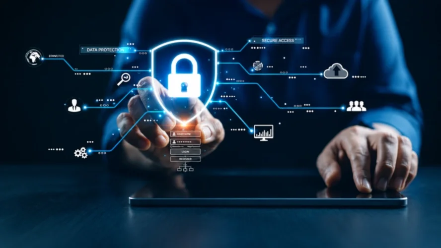 Cybersecurity Best Practices for Businesses Laptop displaying cybersecurity dashboard with secure login and data protection features for business cybersecurity risk management.