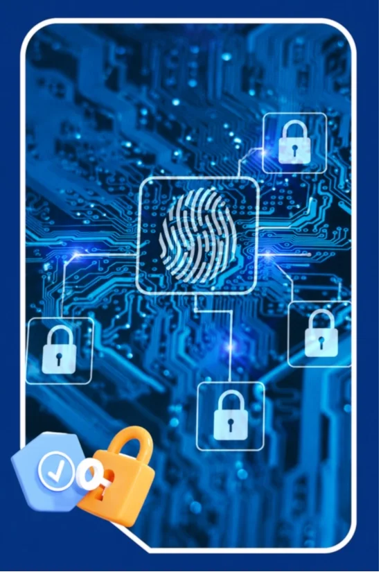Business professional using a secure tablet with a digital lock interface demonstrating cybersecurity best practices to protect sensitive business data.