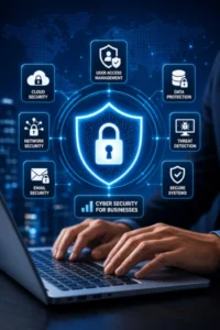 Cybersecurity threats facing small businesses and strategies to protect business data, networks, and digital systems.