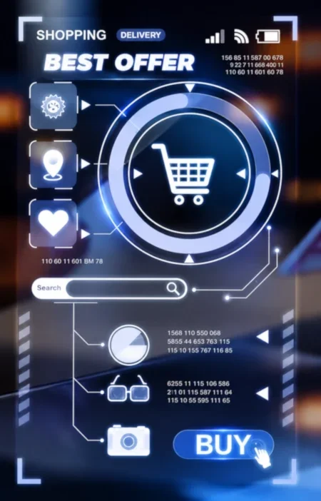 Digital transformation concept showing a futuristic e-commerce dashboard with AI-powered business automation and digital shopping interface.
